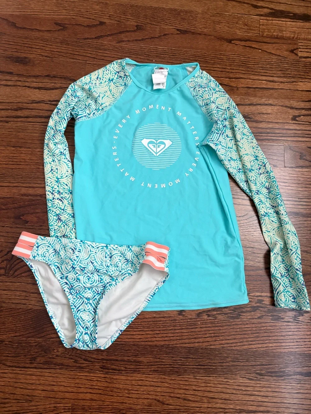 Roxy Girls' Teal Rash Guard Set with Patterned Sleeves and Bikini